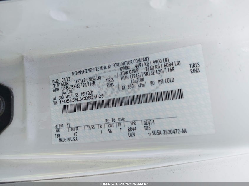 2012 Ford Econoline VIN: 1FDSE3FL3CDB3102 Lot: 43784997