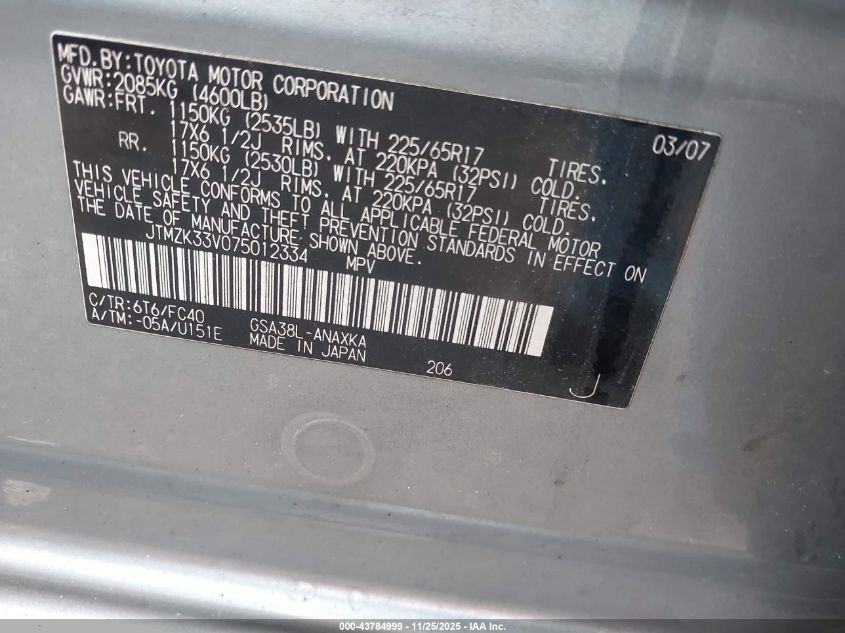 2007 Toyota Rav4 Base V6 VIN: JTMZK33V075012334 Lot: 43784999