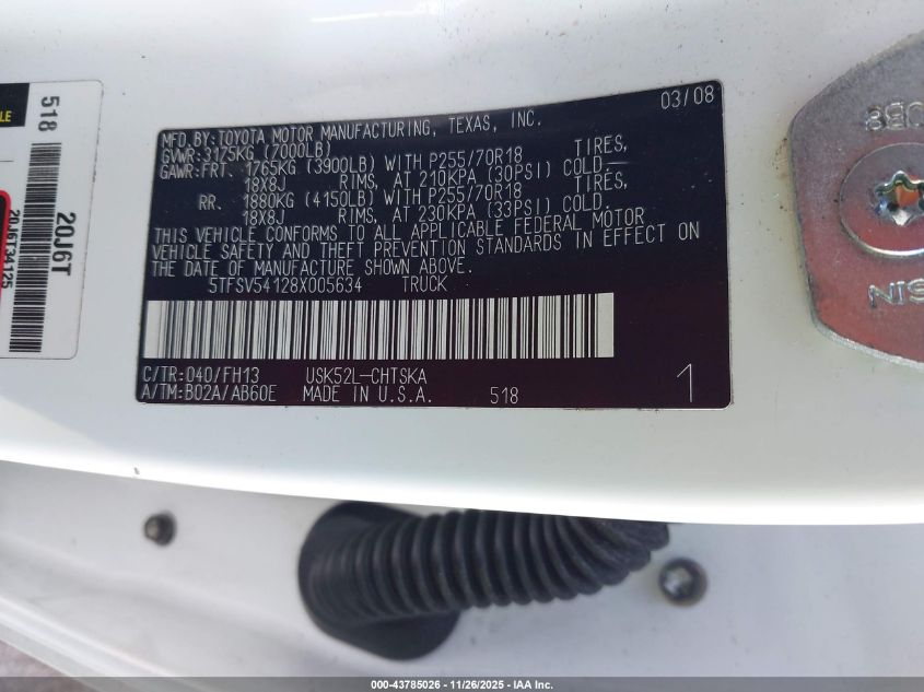 2008 Toyota Tundra Base 5.7L V8 VIN: 5TFSV54128X005634 Lot: 43785026