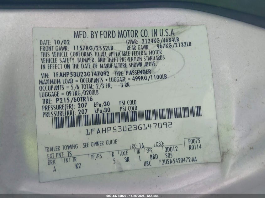 2003 Ford Taurus Se VIN: 1FAHP53U23G147092 Lot: 43785029