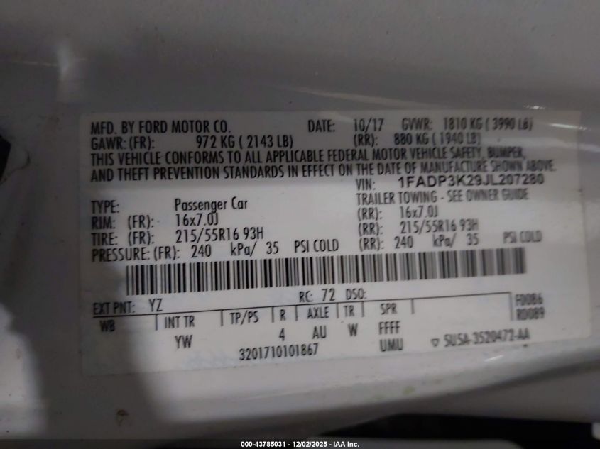 2018 Ford Focus Se VIN: 1FADP3K29JL207280 Lot: 43785031