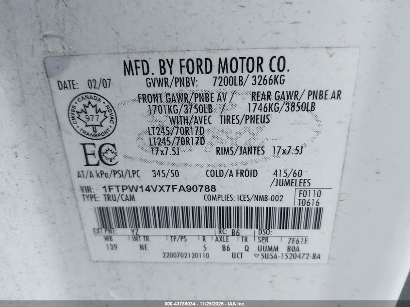 2007 Ford F-150 Fx4/Lariat/Xlt VIN: 1FTPW14VX7FA90788 Lot: 43785034