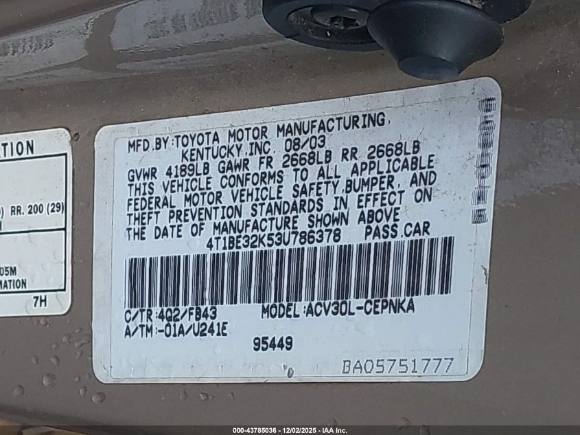 2003 Toyota Camry Le VIN: 4T1BE32K53U786378 Lot: 43785036