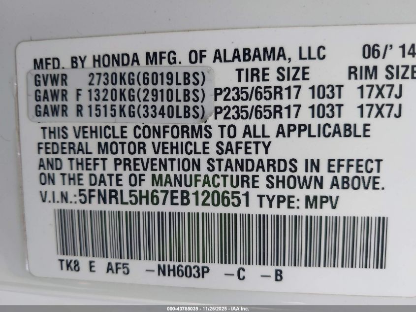 2014 Honda Odyssey Ex-L VIN: 5FNRL5H67EB120651 Lot: 43785039