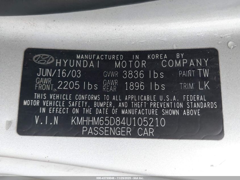 2004 Hyundai Tiburon VIN: KMHHM65D84U105210 Lot: 43785046