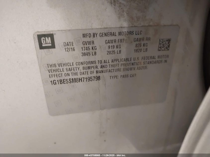 2017 Chevrolet Cruze Lt Auto VIN: 1G1BE5SM8H7195798 Lot: 43785065