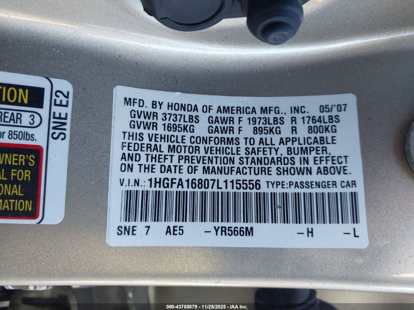 2007 Honda Civic Ex VIN: 1HGFA16807L115556 Lot: 43785079