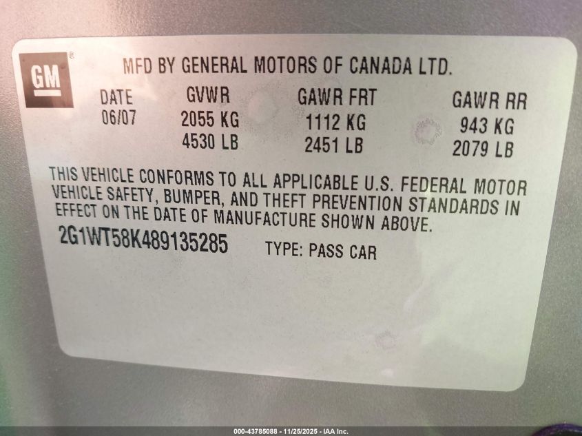 2008 Chevrolet Impala Lt VIN: 2G1WT58K489135285 Lot: 43785088