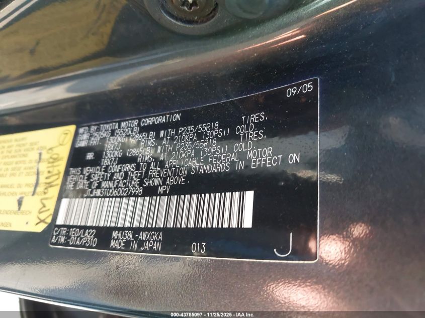 2006 Lexus Rx 400H VIN: JTJHW31U060027998 Lot: 43785097