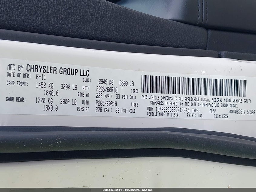 2011 Dodge Durango Express VIN: 1D4RE2GG0BC712245 Lot: 43785111