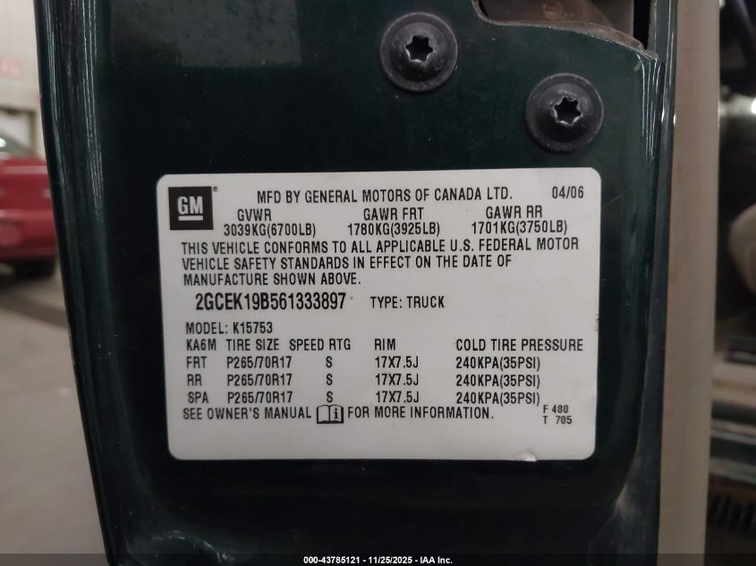 2006 Chevrolet Silverado 1500 Lt1 VIN: 2GCEK19B561333897 Lot: 43785121