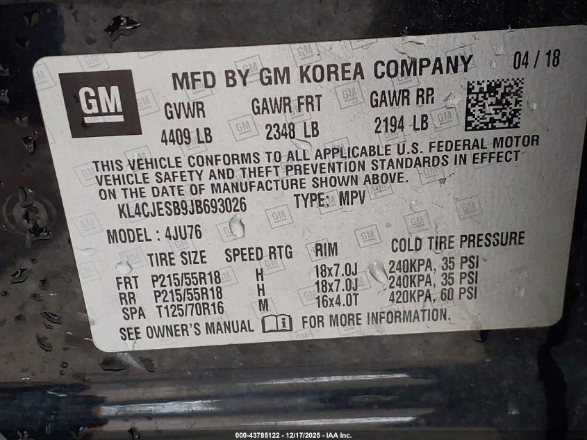 2018 Buick Encore Preferred VIN: KL4CJESB9JB693026 Lot: 43785122