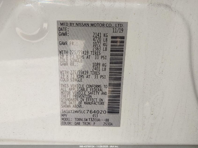 2020 Nissan Rogue Sl Intelligent Awd VIN: 5N1AT2MV5LC764020 Lot: 43785124