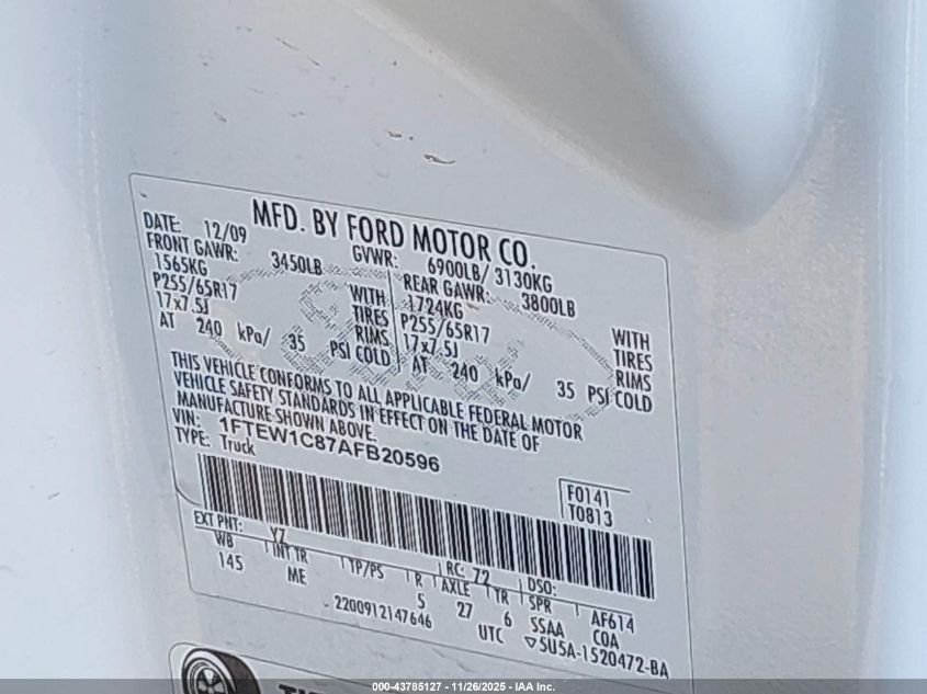 2010 Ford F-150 Fx2 Sport/Xl/Xlt VIN: 1FTEW1C87AFB20596 Lot: 43785127