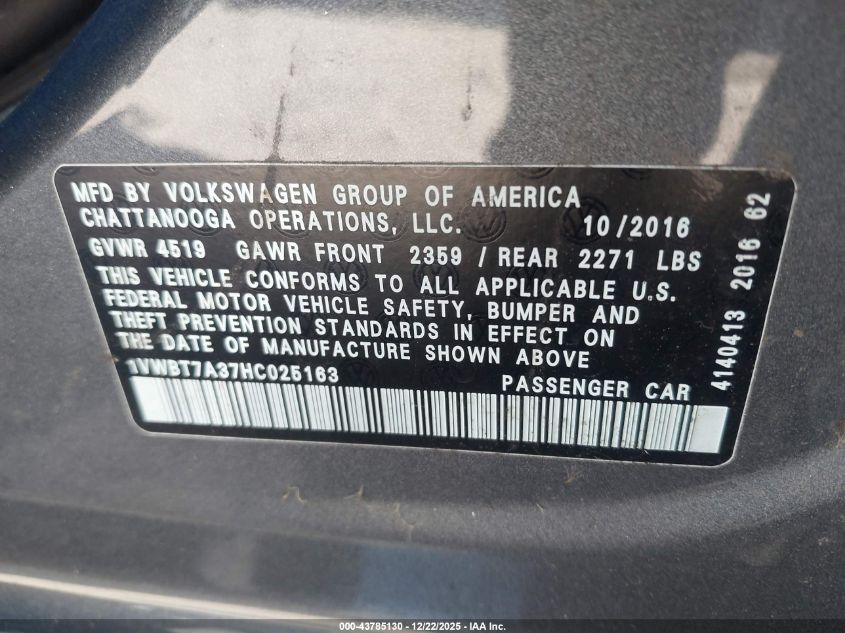 2017 Volkswagen Passat 1.8T Se VIN: 1VWBT7A37HC025163 Lot: 43785130