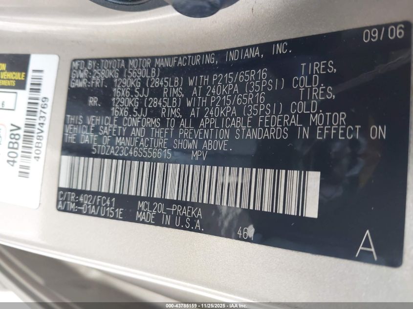 2006 Toyota Sienna Le VIN: 5TDZA23C46S556615 Lot: 43785159