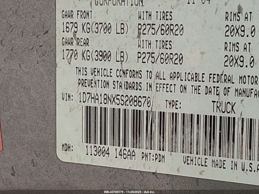 2005 Dodge Ram 1500 Slt/Laramie VIN: 1D7HA18NX5S208670 Lot: 43785179