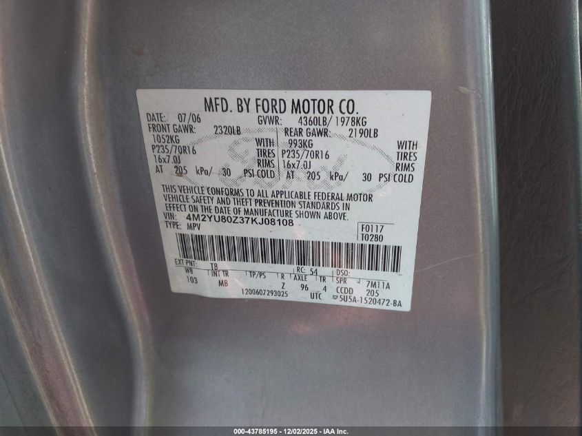 2007 Mercury Mariner Convenience VIN: 4M2YU80Z37KJ08108 Lot: 43785195