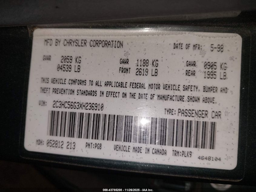 1999 Chrysler Lhs VIN: 2C3HC56G3XH236910 Lot: 43785208