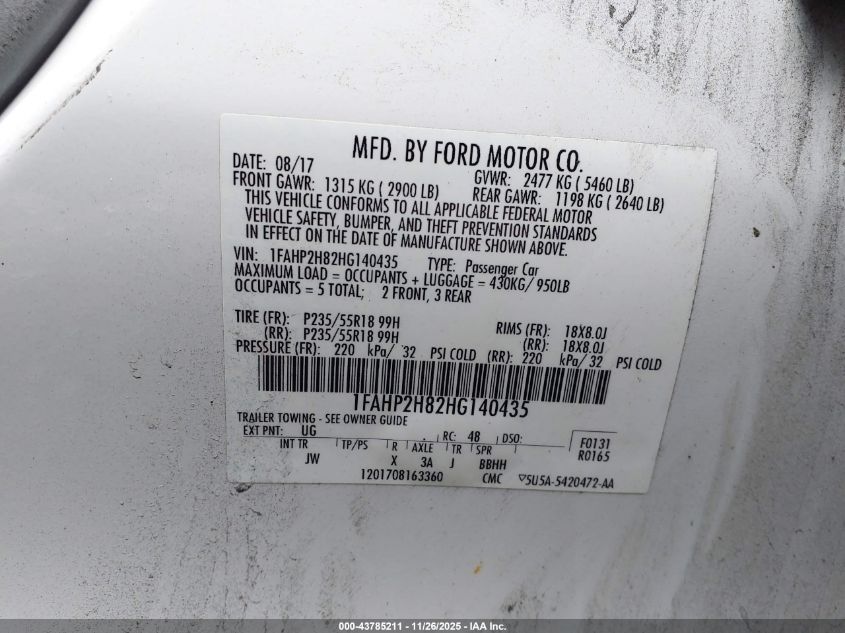 2017 Ford Taurus Sel VIN: 1FAHP2H82HG140435 Lot: 43785211
