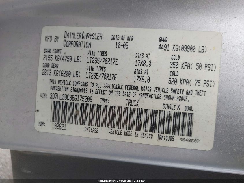 2006 Dodge Ram 3500 Laramie VIN: 3D7LL39C36G175209 Lot: 43785228