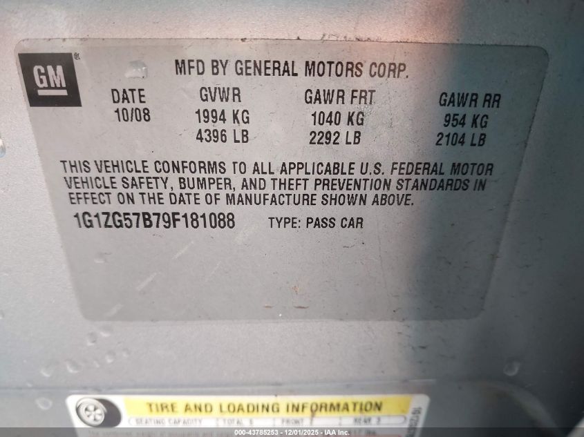 2009 Chevrolet Malibu Ls VIN: 1G1ZG57B79F181088 Lot: 43785253