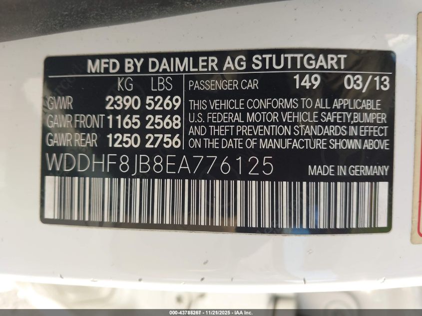 2014 Mercedes-Benz E 350 4Matic VIN: WDDHF8JB8EA776125 Lot: 43785267