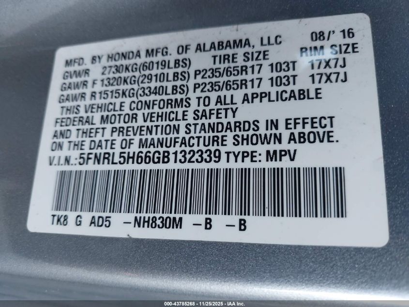 2016 Honda Odyssey Ex-L VIN: 5FNRL5H66GB132339 Lot: 43785268