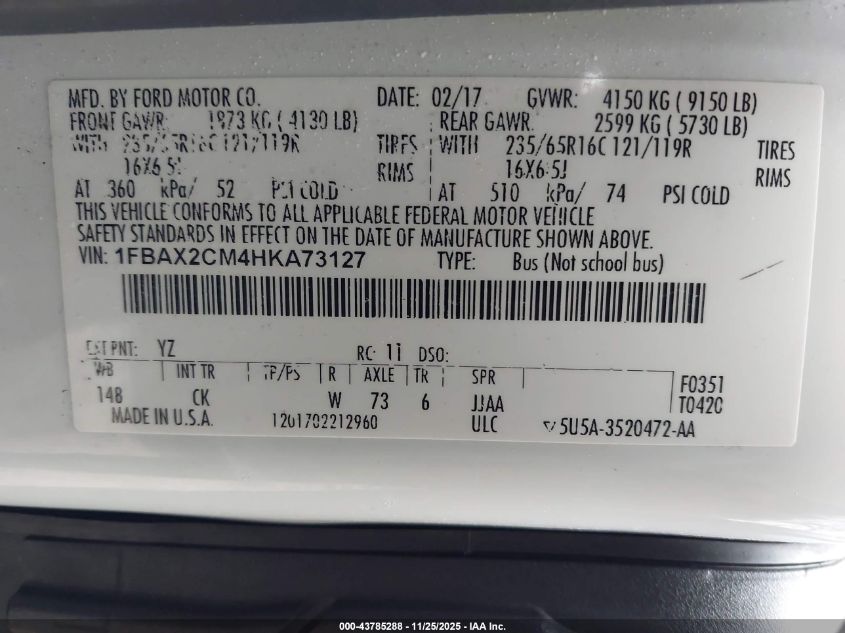 2017 Ford Transit-350 Xlt VIN: 1FBAX2CM4HKA73127 Lot: 43785288