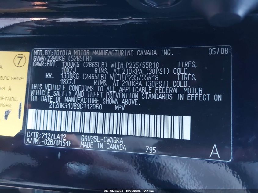 2009 Lexus Rx 350 VIN: 2T2HK31U89C112060 Lot: 43785294