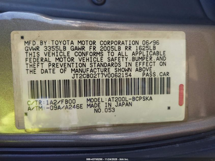 1997 Toyota Celica St VIN: JT2CB02T7V0062154 Lot: 43785298