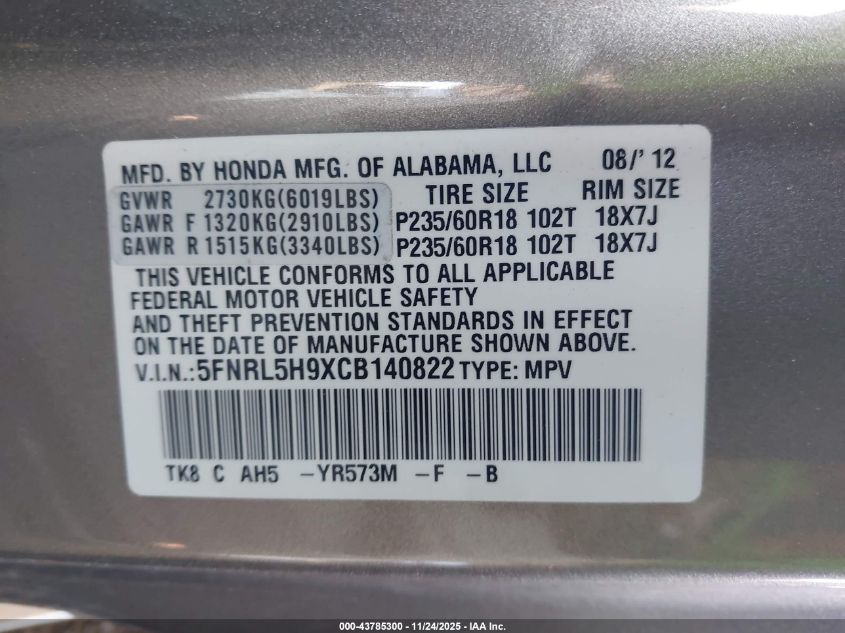 2012 Honda Odyssey Touring/Touring Elite VIN: 5FNRL5H9XCB140822 Lot: 43785300