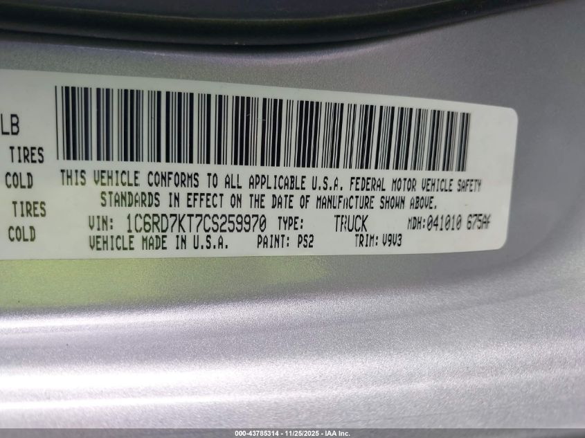 2012 Ram 1500 St VIN: 1C6RD7KT7CS259970 Lot: 43785314