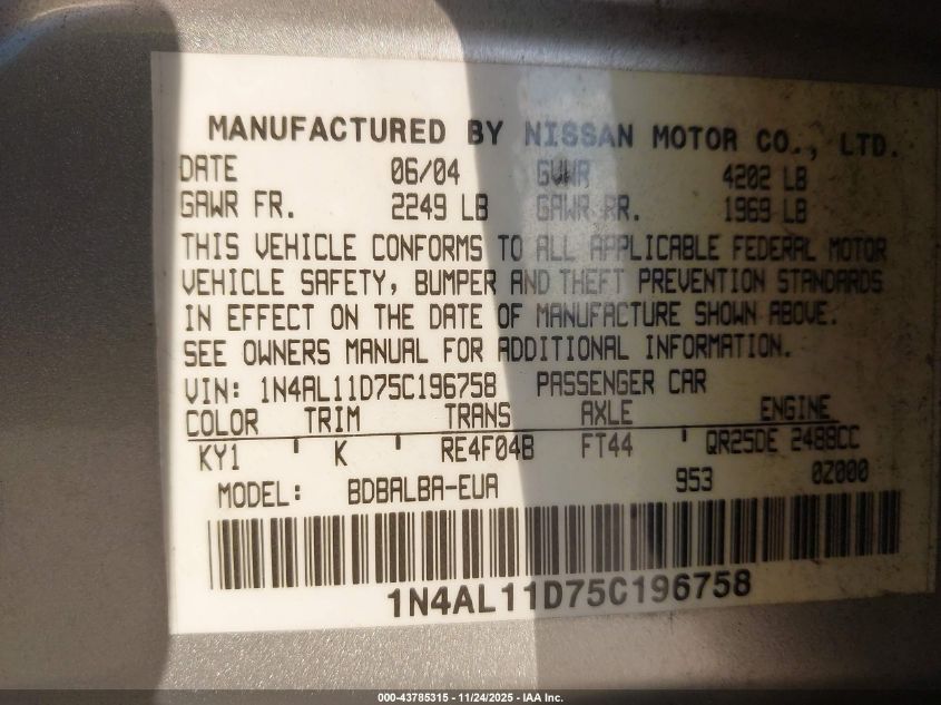 2005 Nissan Altima 2.5 S VIN: 1N4AL11D75C196758 Lot: 43785315