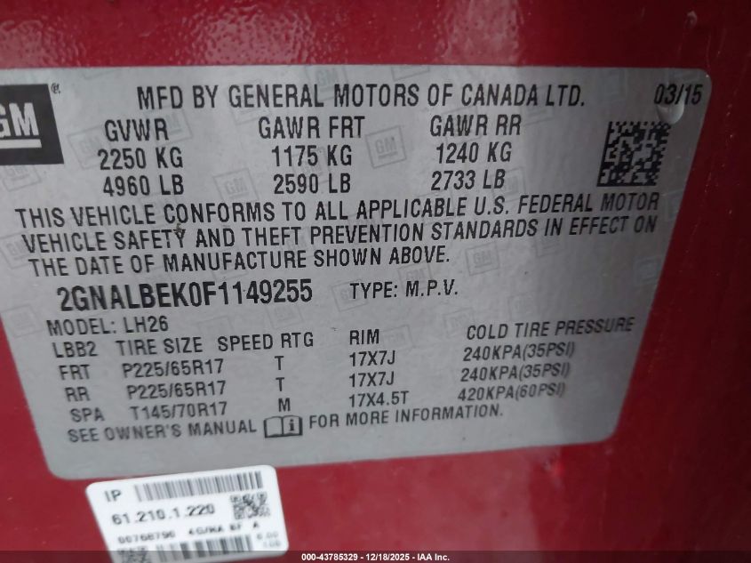 2015 Chevrolet Equinox 1Lt VIN: 2GNALBEK0F1149255 Lot: 43785329