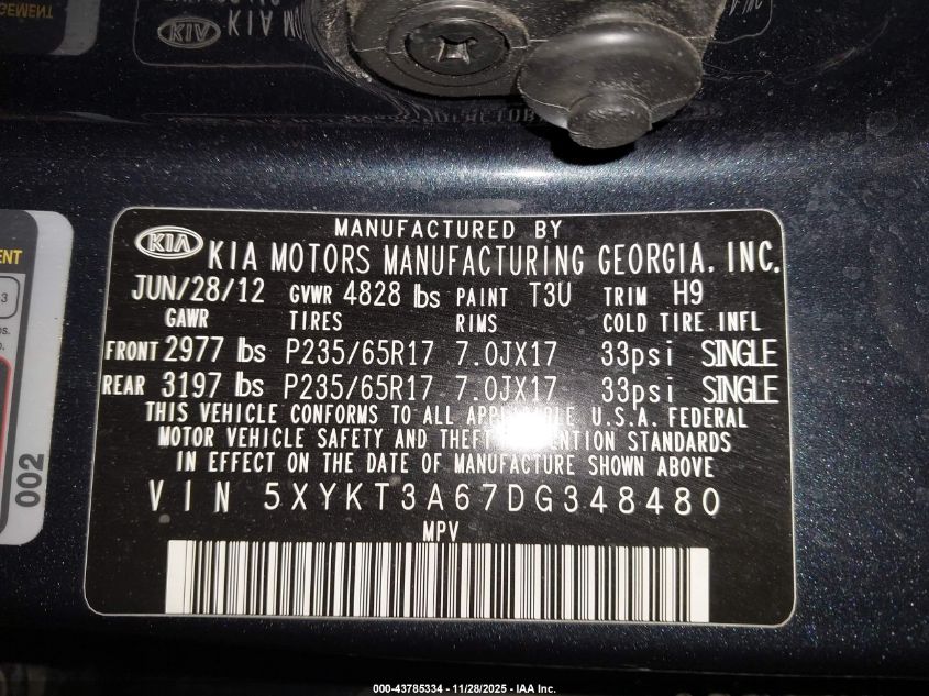 2013 Kia Sorento Lx VIN: 5XYKT3A67DG348480 Lot: 43785334