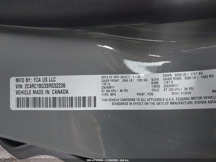 2025 Chrysler Pacifica Select VIN: 2C4RC1BG3SR532236 Lot: 43785355