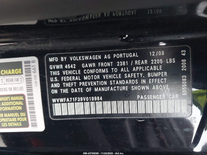2009 Volkswagen Eos Lux VIN: WVWFA71F39V019984 Lot: 43785356