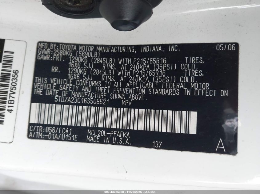 2006 Toyota Sienna Le VIN: 5TDZA23C16S508621 Lot: 43785368