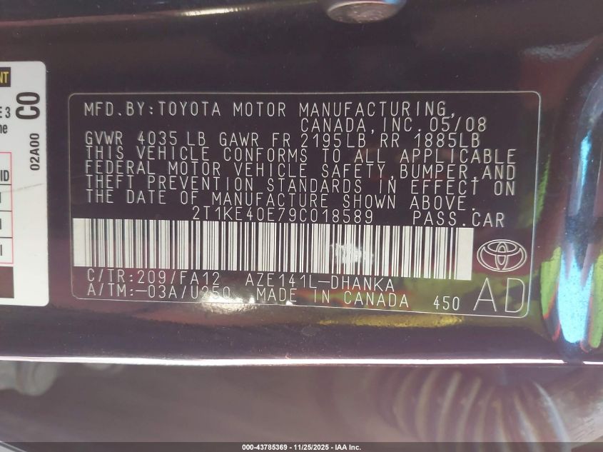 2009 Toyota Matrix S VIN: 2T1KE40E79C018589 Lot: 43785369