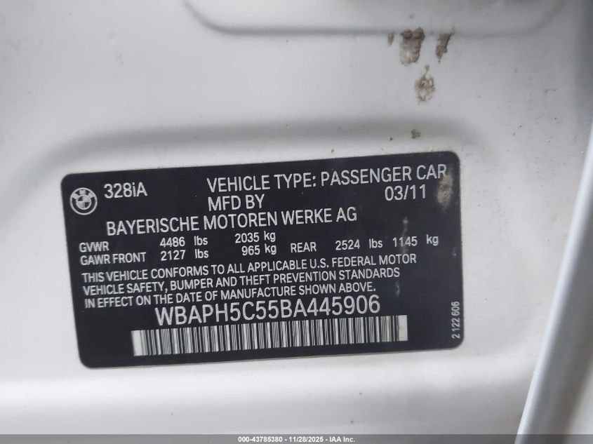 2011 BMW 328I VIN: WBAPH5C55BA445906 Lot: 43785380