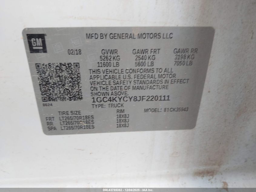 2018 Chevrolet Silverado 3500Hd Wt VIN: 1GC4KYCY8JF220111 Lot: 43785382