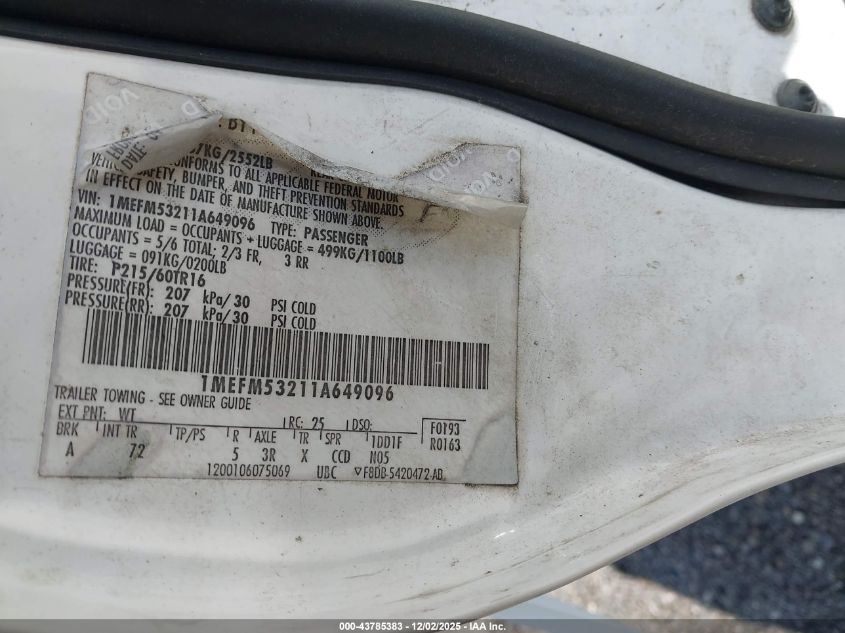 2001 Mercury Sable Ls VIN: 1MEFM53211A649096 Lot: 43785383