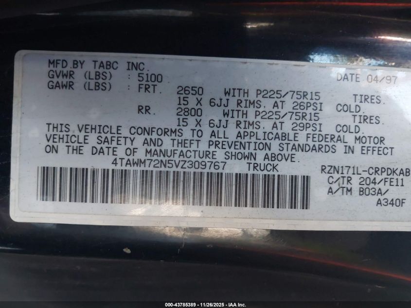 1997 Toyota Tacoma VIN: 4TAWM72N5VZ309767 Lot: 43785389