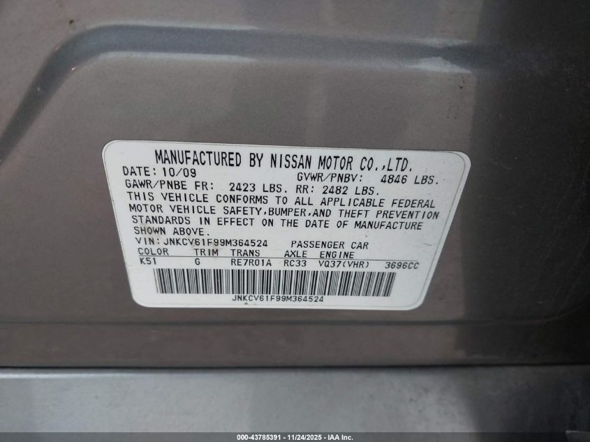 2009 Infiniti G37X VIN: JNKCV61F99M364524 Lot: 43785391