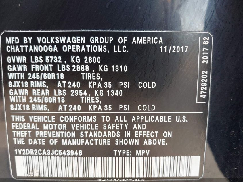 2018 Volkswagen Atlas 3.6L V6 Se/3.6L V6 Se W/Technology VIN: 1V2DR2CA3JC543946 Lot: 43785399