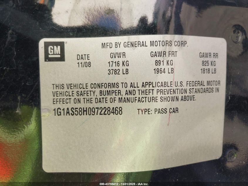 2009 Chevrolet Cobalt Ls VIN: 1G1AS58H097228468 Lot: 43785412