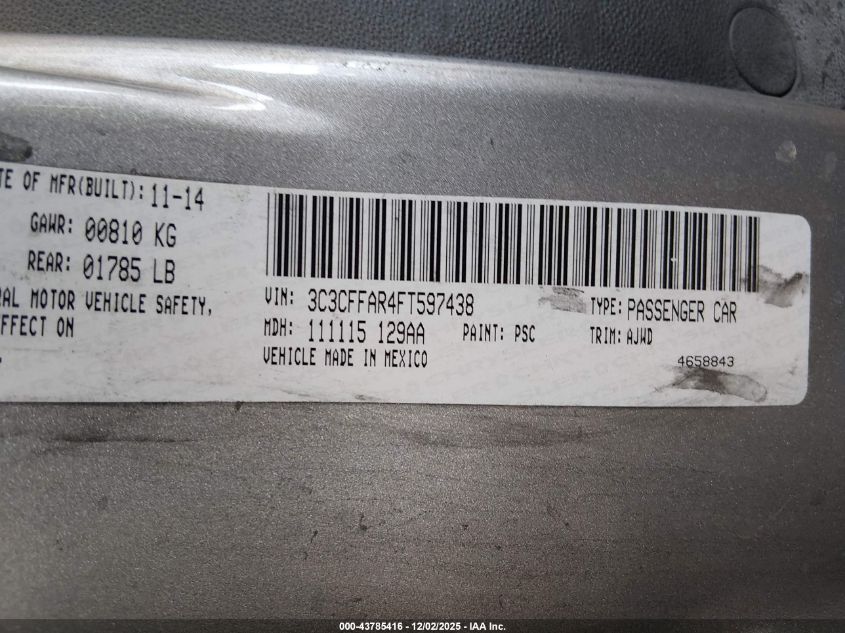 2015 Fiat 500 Pop VIN: 3C3CFFAR4FT597438 Lot: 43785416