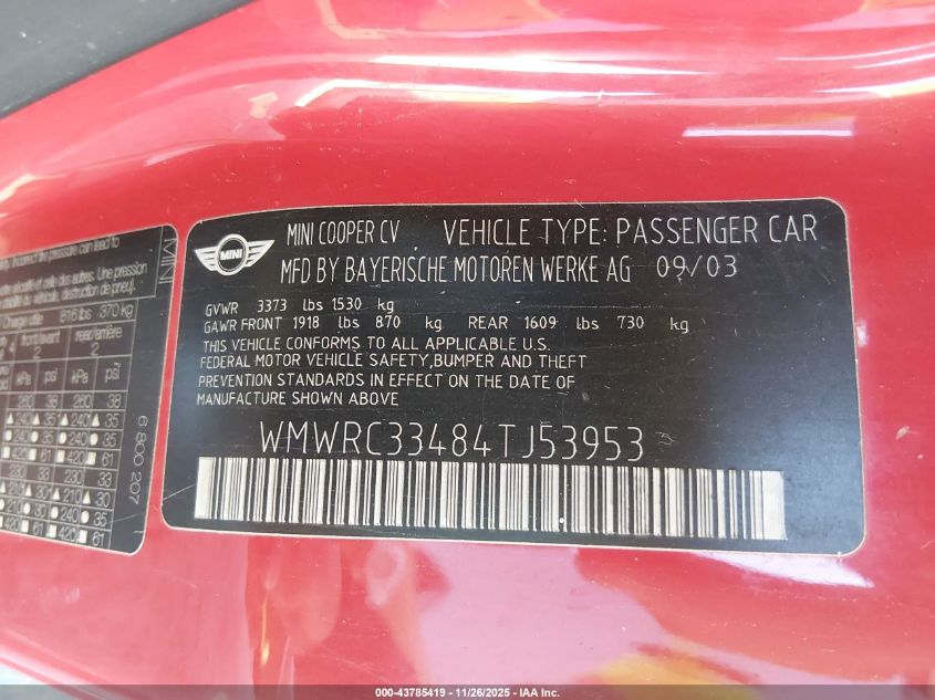 2004 Mini Cooper VIN: WMWRC33484TJ53953 Lot: 43785419