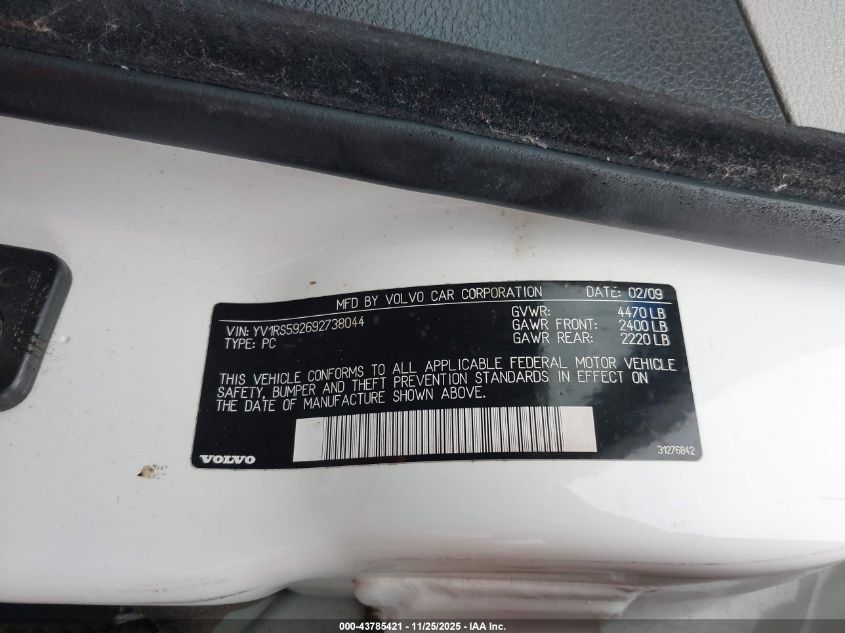 2009 Volvo S60 2.5T/2.5T Special Edition VIN: YV1RS592692738044 Lot: 43785421